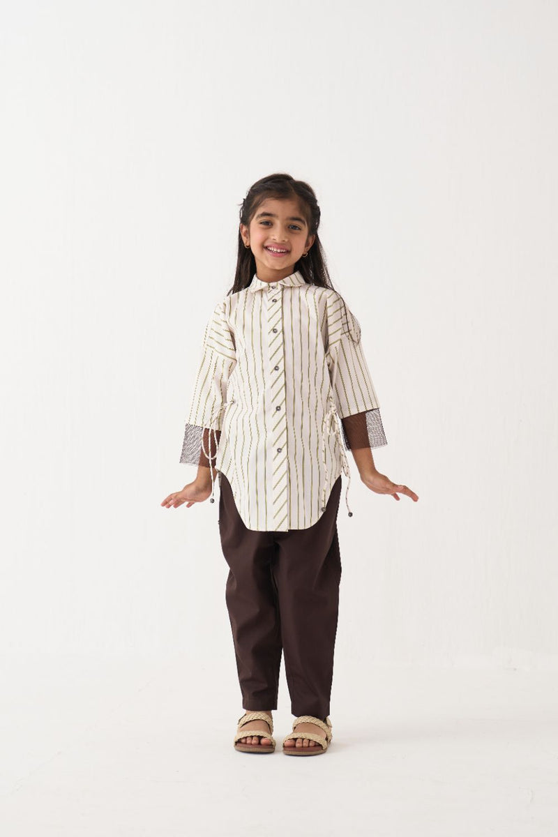 Girl - Side Drawstring Shirt Co-Ord - Lime poplin by THREE Kids in brown color for kids in Singapore