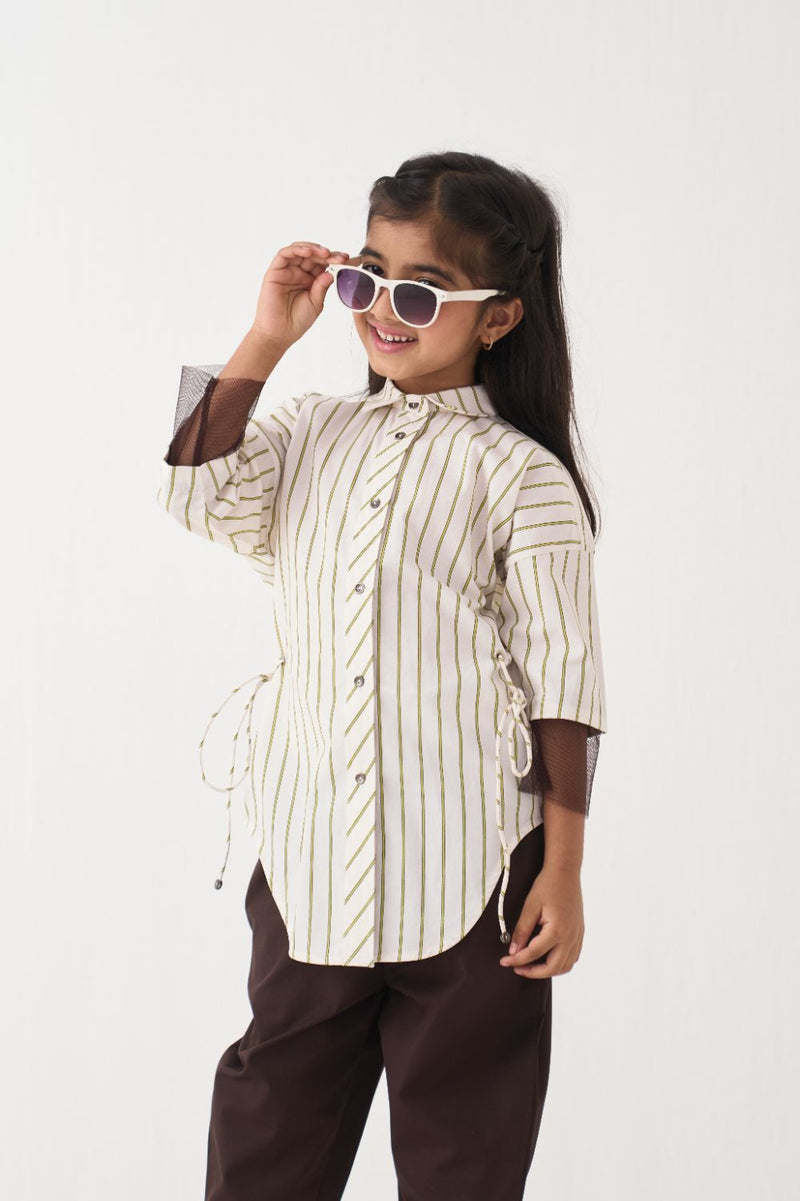 Girl - Side Drawstring Shirt Co-Ord - Lime poplin by THREE Kids in brown color for kids in Singapore