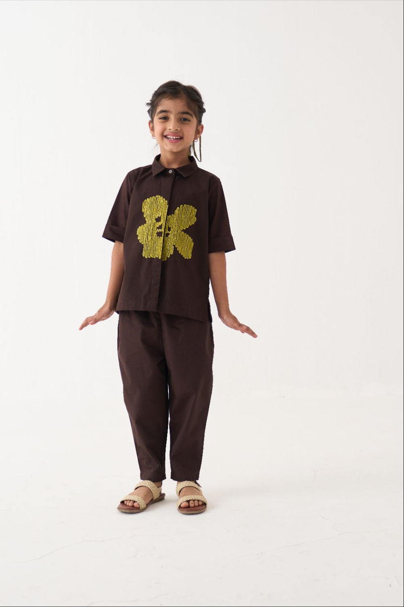 Girl - Emb. Floral Shirt Co-Ord (Set Of 2) - Dark Brown poplin by THREE Kids in brown color for kids in Singapore