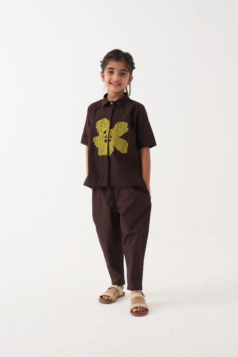 Girl - Emb. Floral Shirt Co-Ord (Set Of 2) - Dark Brown poplin by THREE Kids in brown color for kids in Singapore