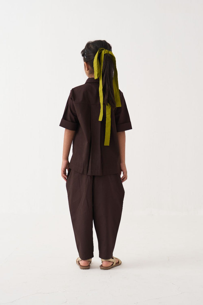 Girl - Emb. Floral Shirt Co-Ord (Set Of 2) - Dark Brown poplin by THREE Kids in brown color for kids in Singapore