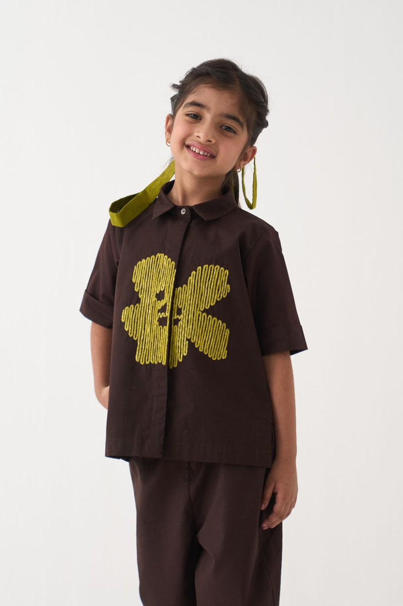 Girl - Emb. Floral Shirt Co-Ord (Set Of 2) - Dark Brown poplin by THREE Kids in brown color for kids in Singapore