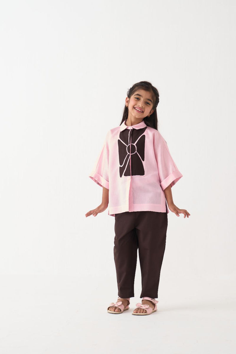 Girl - Floral Applique Shirt Co-Ord (Set Of 2) - Pink poplin by THREE Kids in brown color for kids in Singapore