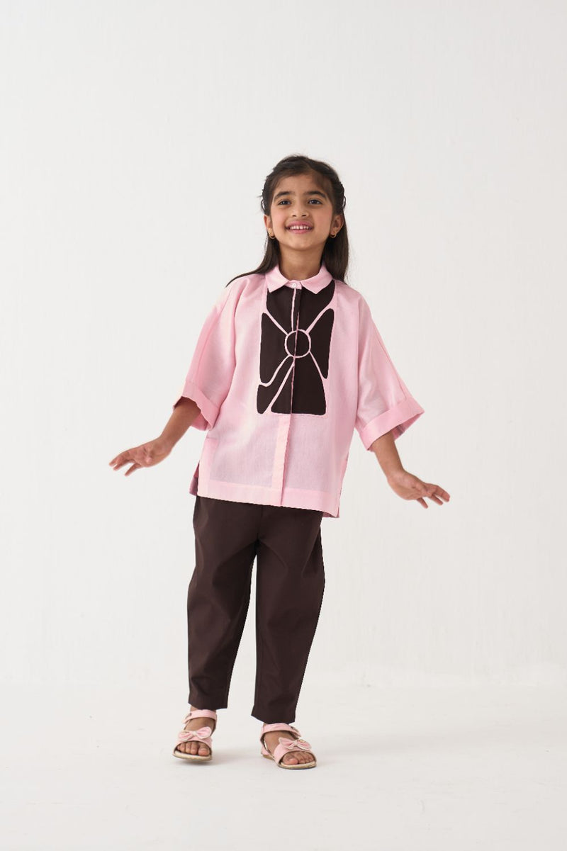 Girl - Floral Applique Shirt Co-Ord (Set Of 2) - Pink poplin by THREE Kids in brown color for kids in Singapore