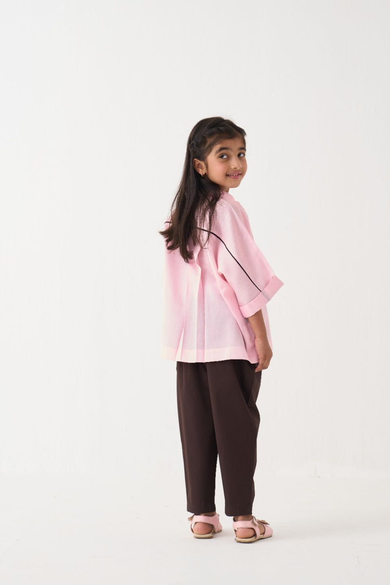 Girl - Floral Applique Shirt Co-Ord (Set Of 2) - Pink poplin by THREE Kids in brown color for kids in Singapore