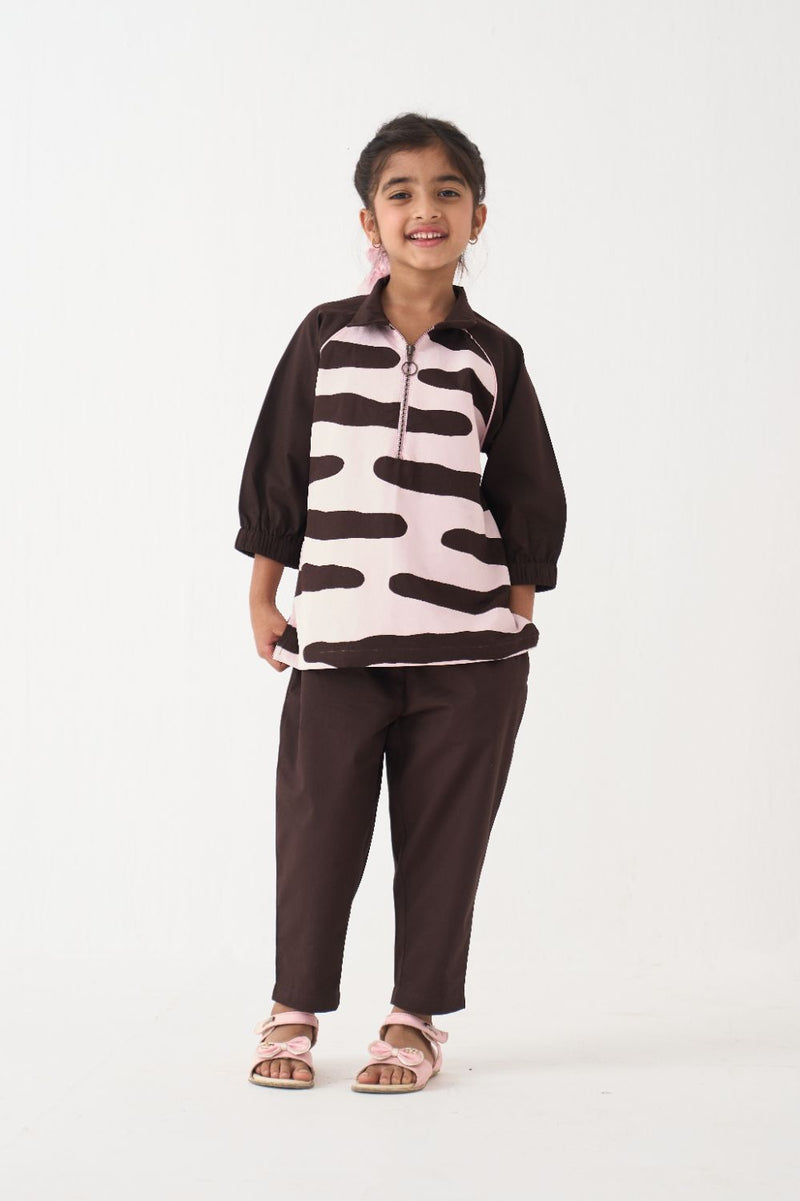 Girl - Abstract Applique Top Co-Ord (Set Of 2) - Dark Brown poplin by THREE Kids in brown color for kids in Singapore