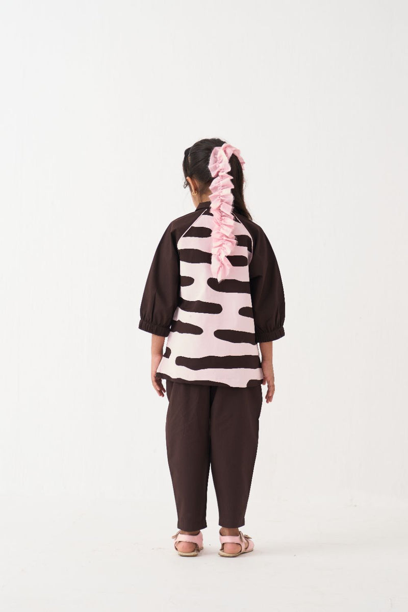 Girl - Abstract Applique Top Co-Ord (Set Of 2) - Dark Brown poplin by THREE Kids in brown color for kids in Singapore