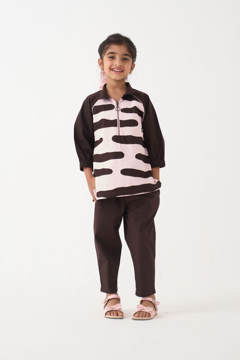 Girl - Abstract Applique Top Co-Ord (Set Of 2) - Dark Brown poplin by THREE Kids in brown color for kids in Singapore