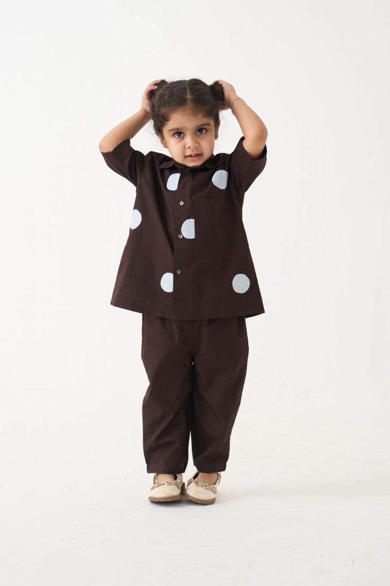 Girl - Short Top Co-Ord (Set Of 2) - Dark Brown poplin by THREE Kids in brown color for kids in Singapore