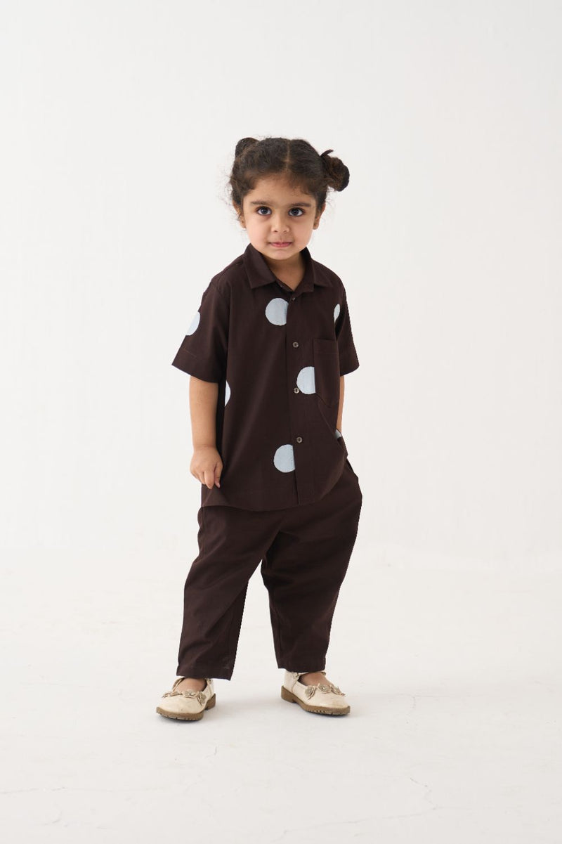Girl - Short Top Co-Ord (Set Of 2) - Dark Brown poplin by THREE Kids in brown color for kids in Singapore