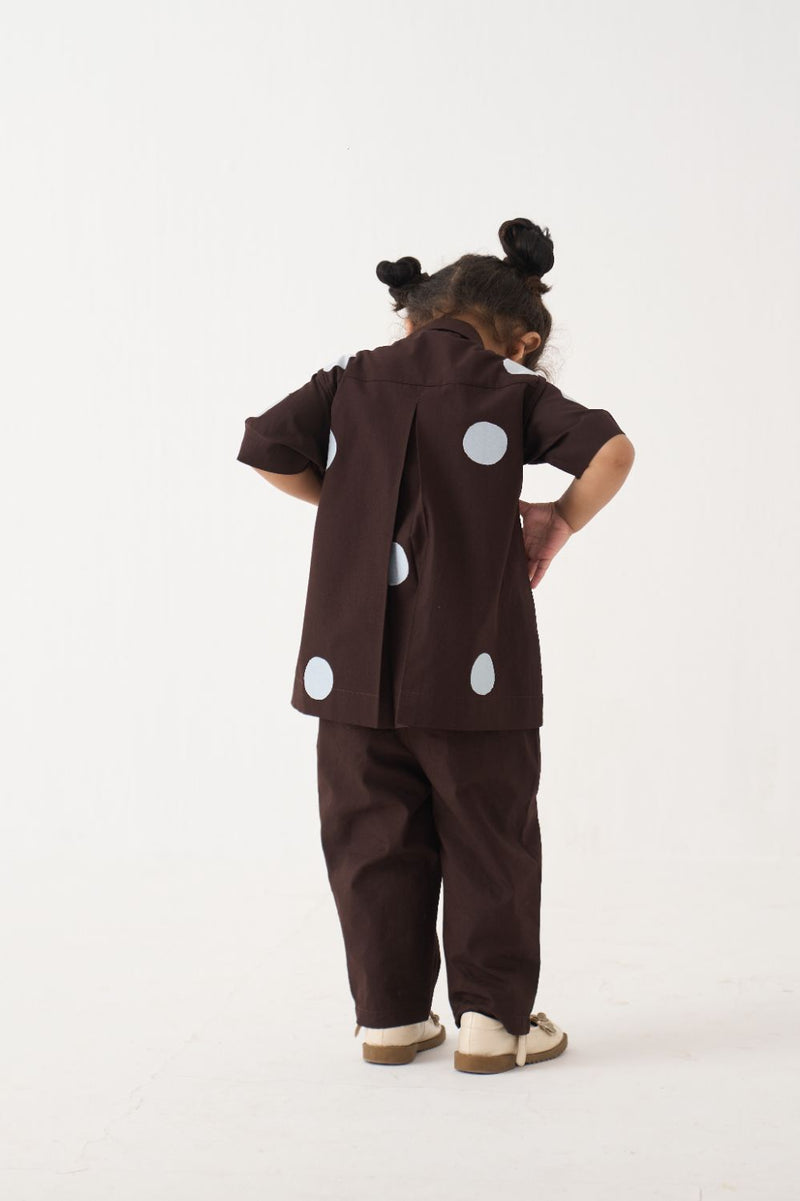 Girl - Short Top Co-Ord (Set Of 2) - Dark Brown poplin by THREE Kids in brown color for kids in Singapore