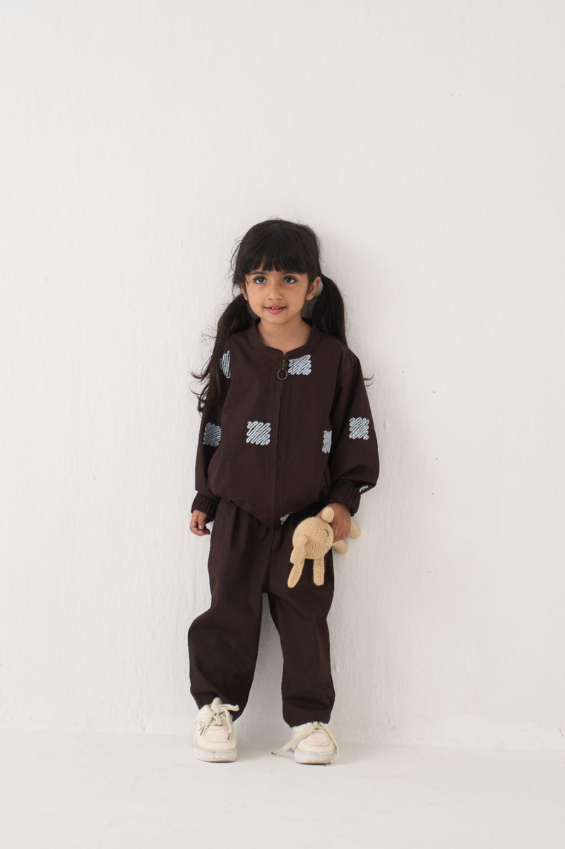 Girl - Emb. Bomber Jacket Co-Ord (Set Of 2) - Dark Brown poplin by THREE Kids in brown color for kids in Singapore