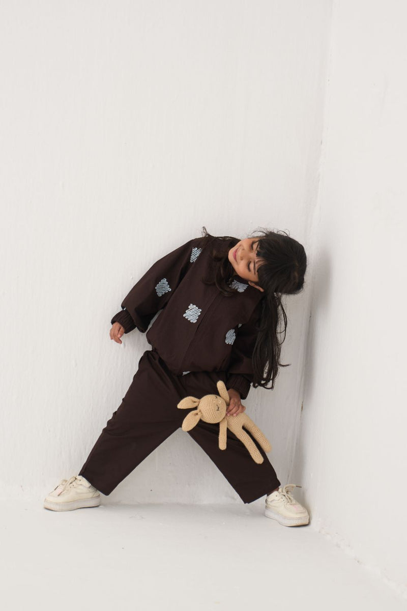 Girl - Emb. Bomber Jacket Co-Ord (Set Of 2) - Dark Brown poplin by THREE Kids in brown color for kids in Singapore