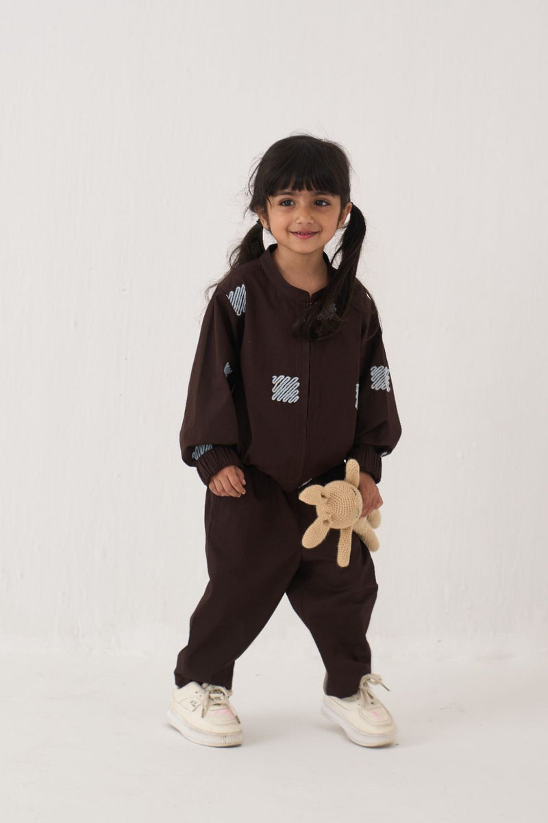Girl - Emb. Bomber Jacket Co-Ord (Set Of 2) - Dark Brown poplin by THREE Kids in brown color for kids in Singapore