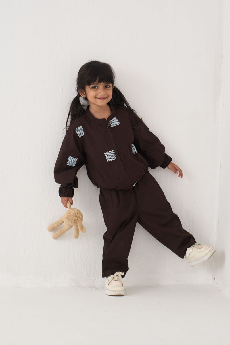 Girl - Emb. Bomber Jacket Co-Ord (Set Of 2) - Dark Brown poplin by THREE Kids in brown color for kids in Singapore