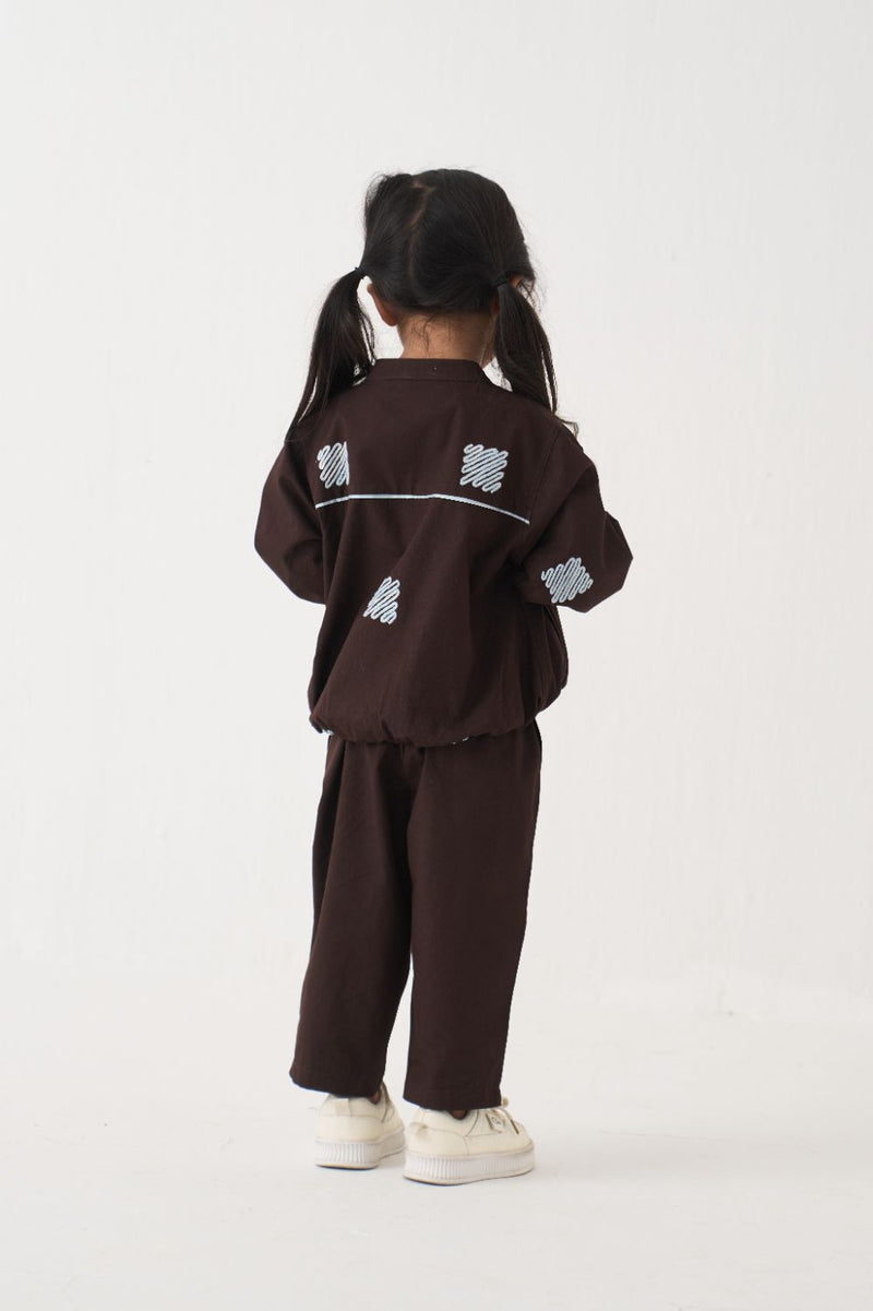 Girl - Emb. Bomber Jacket Co-Ord (Set Of 2) - Dark Brown poplin by THREE Kids in brown color for kids in Singapore