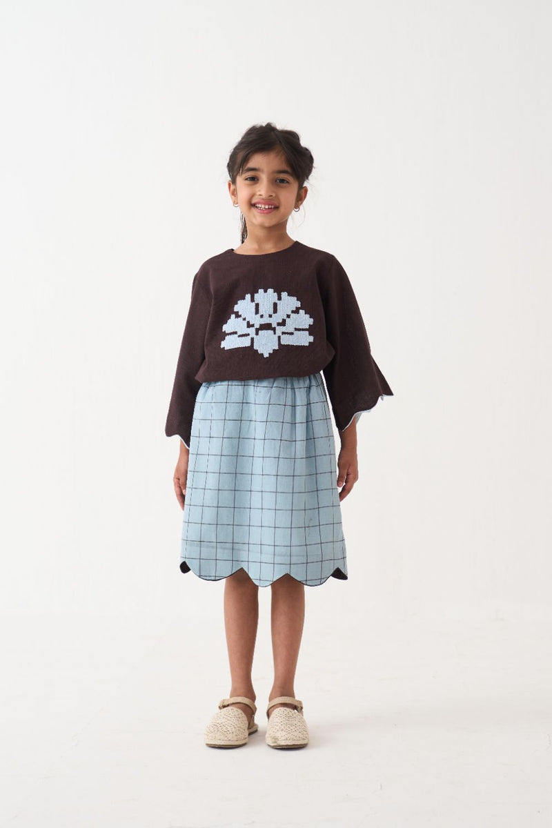 Girl - Wave Emb. Top Co-Ord (Set Of 2) - Dark Brown cotton by THREE Kids in brown color for kids in Singapore
