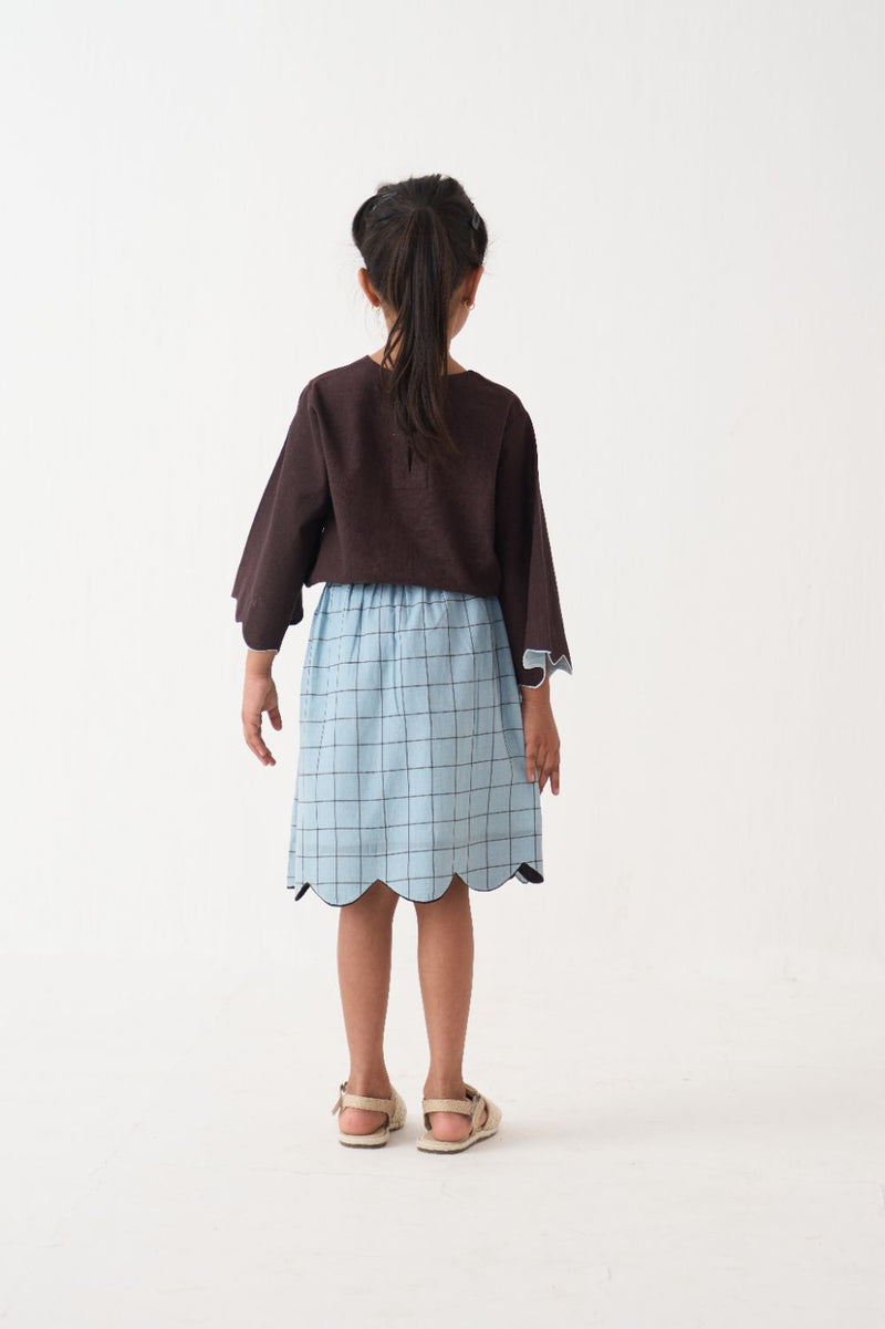 Girl - Wave Emb. Top Co-Ord (Set Of 2) - Dark Brown cotton by THREE Kids in brown color for kids in Singapore