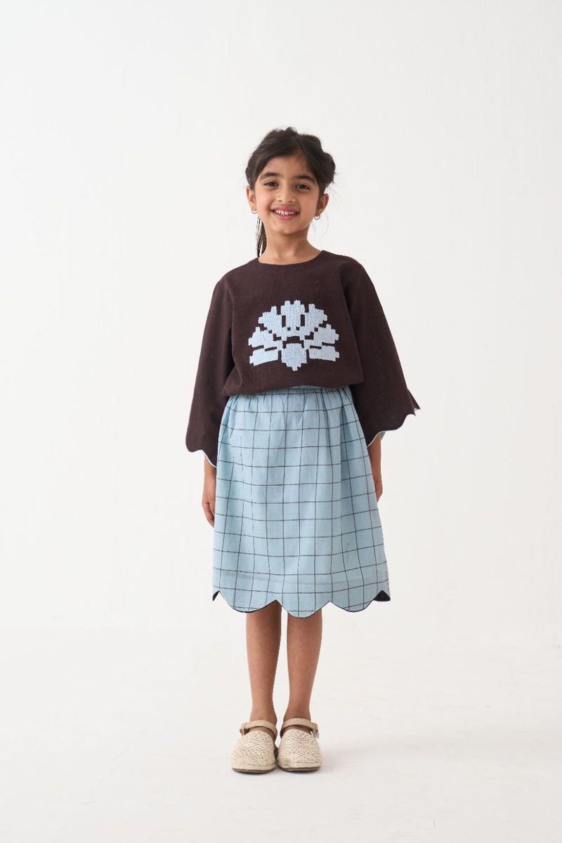 Girl - Wave Emb. Top Co-Ord (Set Of 2) - Dark Brown cotton by THREE Kids in brown color for kids in Singapore