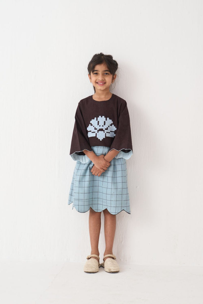 Girl - Wave Emb. Top Co-Ord (Set Of 2) - Dark Brown cotton by THREE Kids in brown color for kids in Singapore