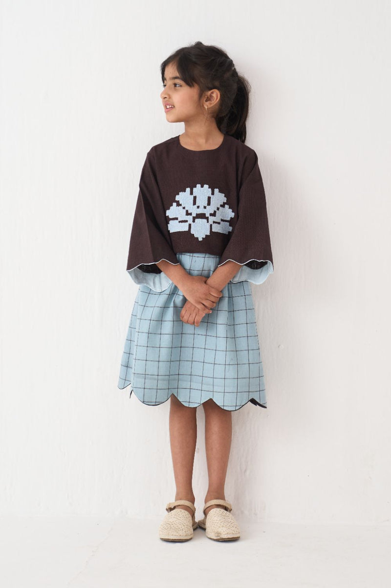 Girl - Wave Emb. Top Co-Ord (Set Of 2) - Dark Brown cotton by THREE Kids in brown color for kids in Singapore