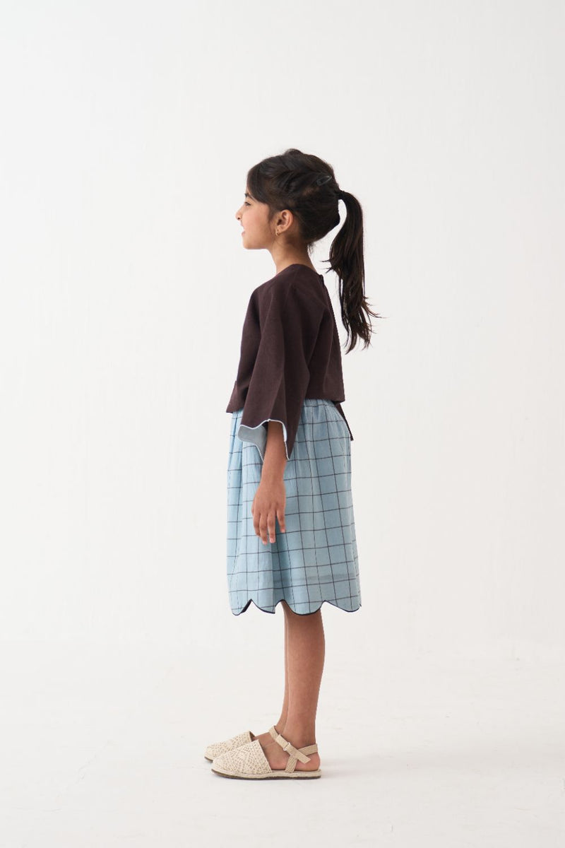 Girl - Wave Emb. Top Co-Ord (Set Of 2) - Dark Brown cotton by THREE Kids in brown color for kids in Singapore