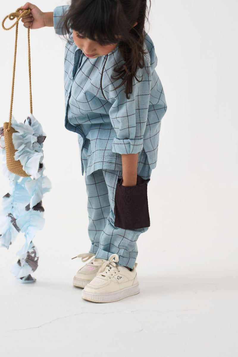 Girl - Peasant Top Co-Ord - Blue cotton by THREE Kids in blue color for kids in Singapore