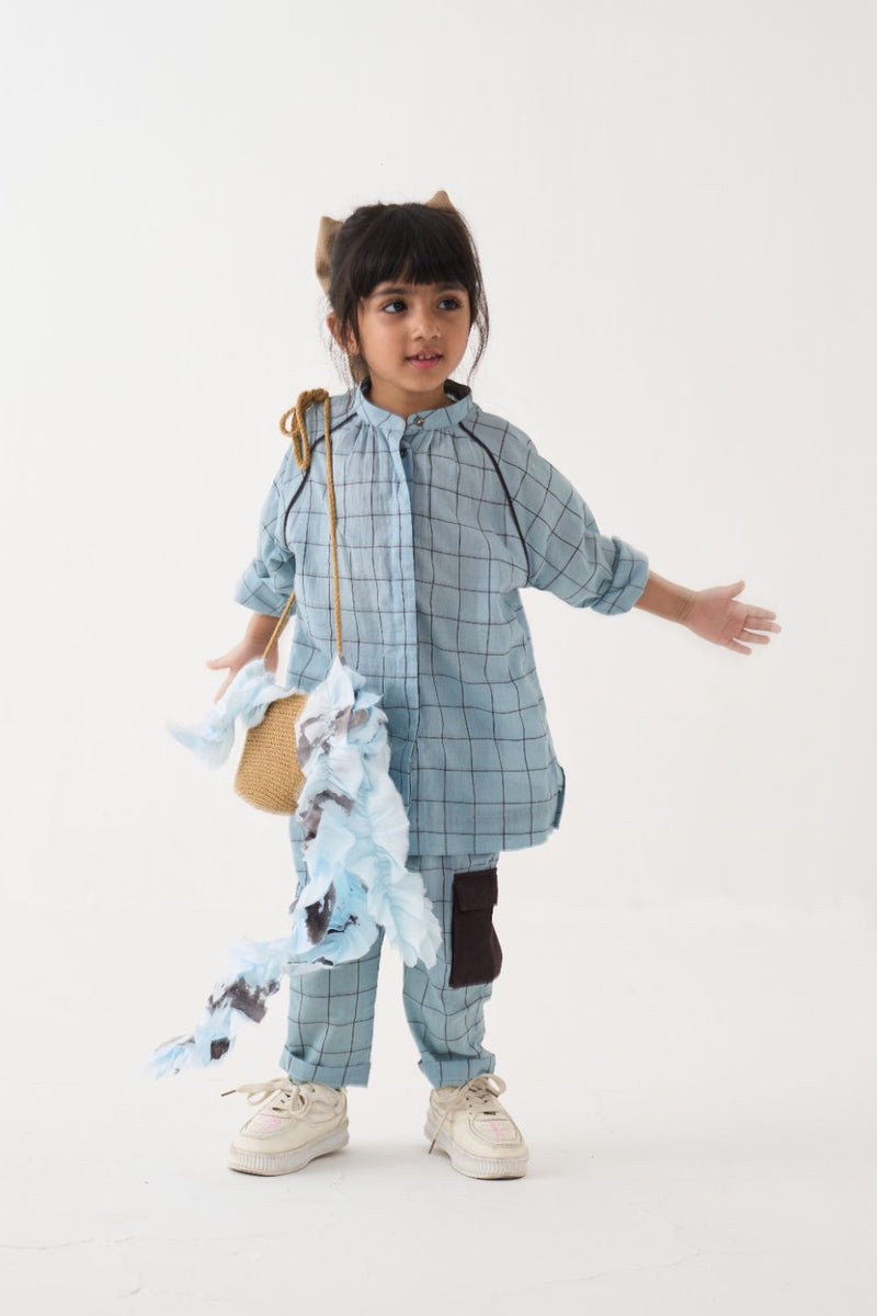 Girl - Peasant Top Co-Ord - Blue cotton by THREE Kids in blue color for kids in Singapore