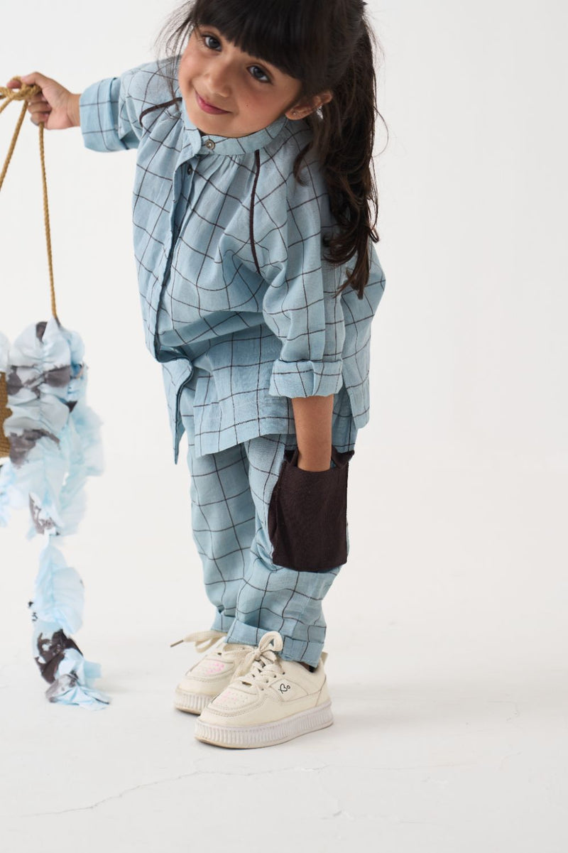 Girl - Peasant Top Co-Ord - Blue cotton by THREE Kids in blue color for kids in Singapore