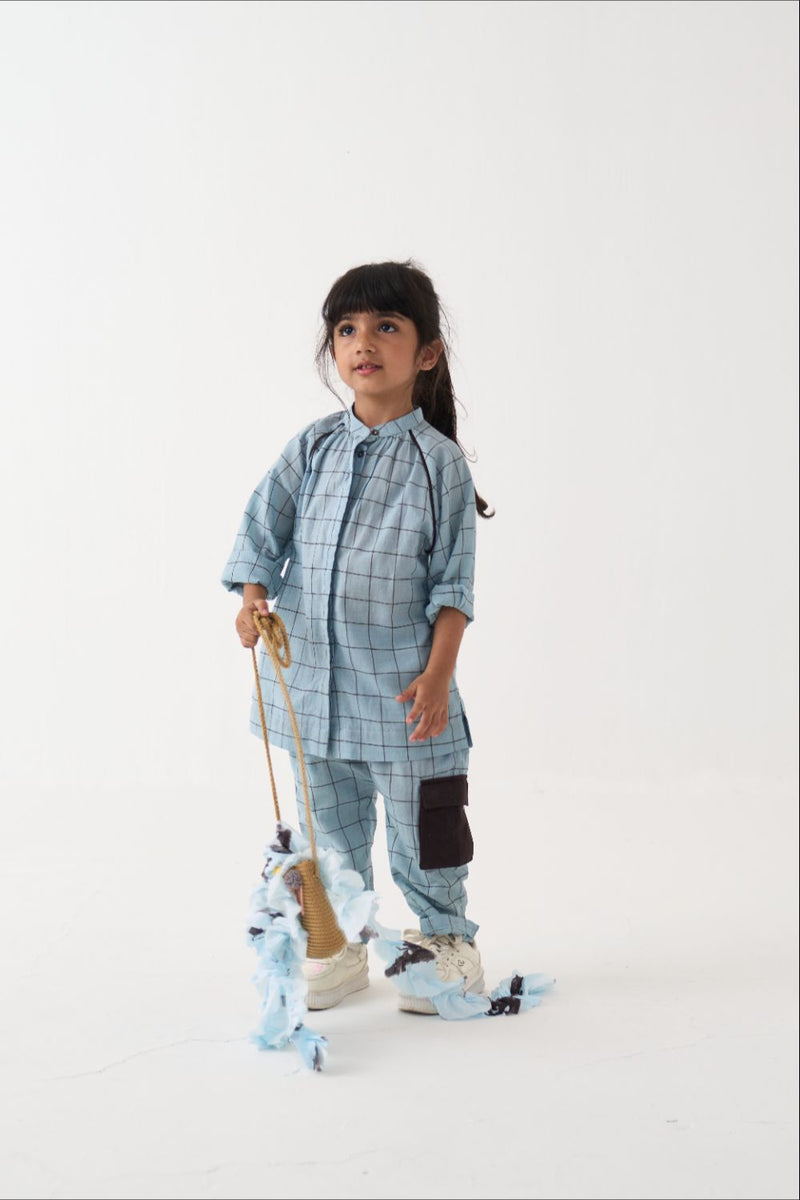 Girl - Peasant Top Co-Ord - Blue cotton by THREE Kids in blue color for kids in Singapore