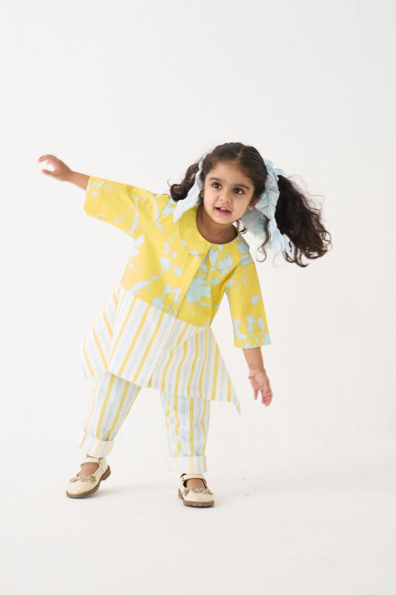 Girl - Peter Pan Collar Panelled Shirt Co-Ord - Yellow poplin by THREE Kids in blue color for kids in Singapore