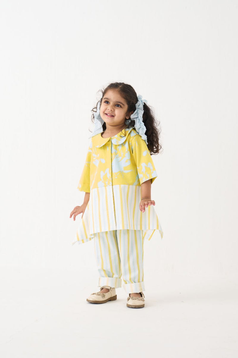 Girl - Peter Pan Collar Panelled Shirt Co-Ord - Yellow poplin by THREE Kids in blue color for kids in Singapore