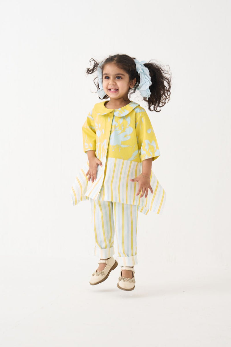 Girl - Peter Pan Collar Panelled Shirt Co-Ord - Yellow poplin by THREE Kids in blue color for kids in Singapore