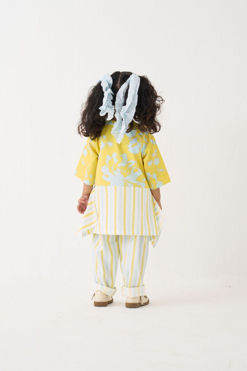 Girl - Peter Pan Collar Panelled Shirt Co-Ord - Yellow poplin by THREE Kids in blue color for kids in Singapore