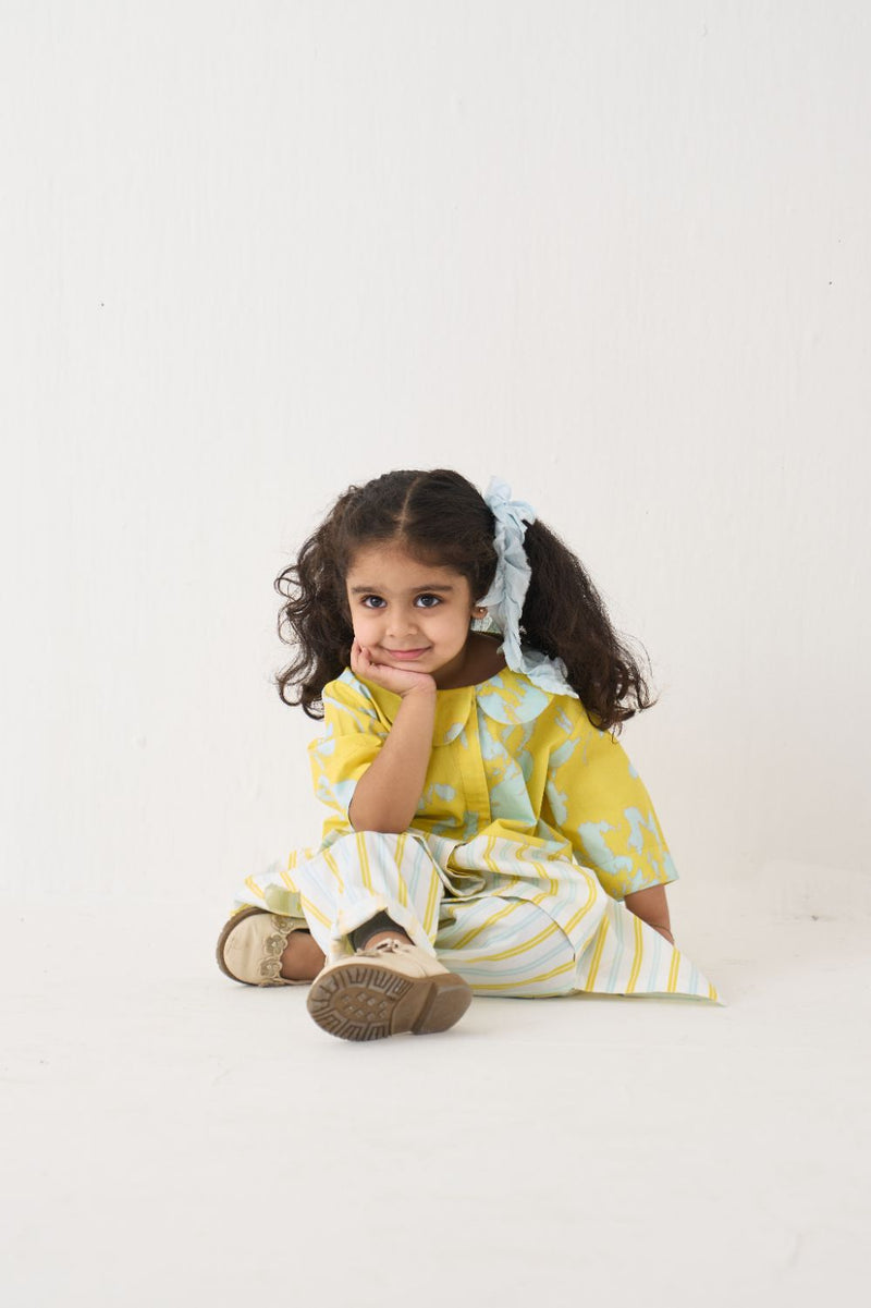Girl - Peter Pan Collar Panelled Shirt Co-Ord - Yellow poplin by THREE Kids in blue color for kids in Singapore