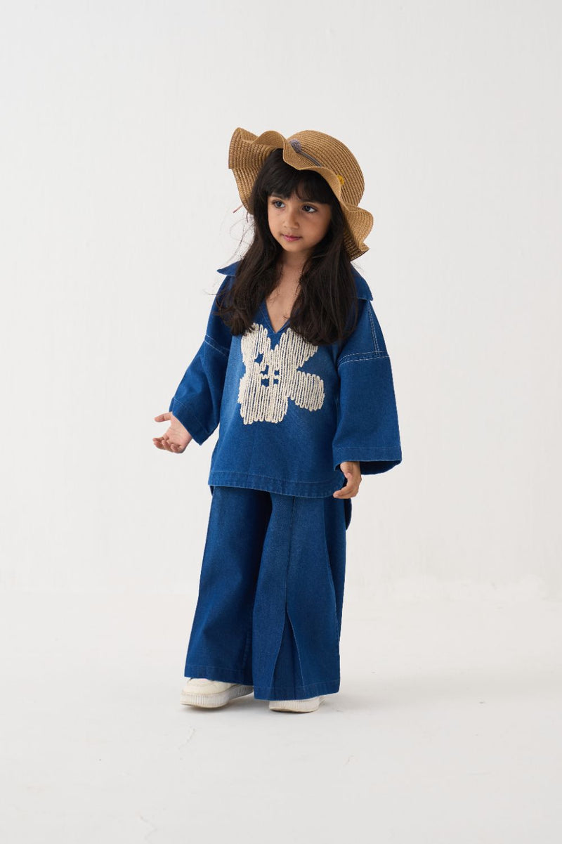 Girl - Floral Emb. V-Neck Top Co-Ord (Set Of 2) - Blue by THREE Kids in blue color for kids in Singapore