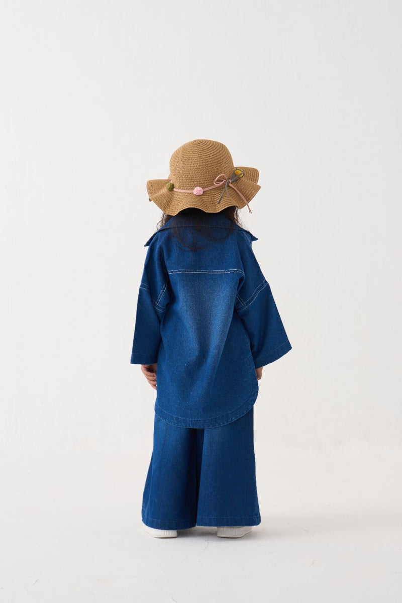 Girl - Floral Emb. V-Neck Top Co-Ord (Set Of 2) - Blue by THREE Kids in blue color for kids in Singapore