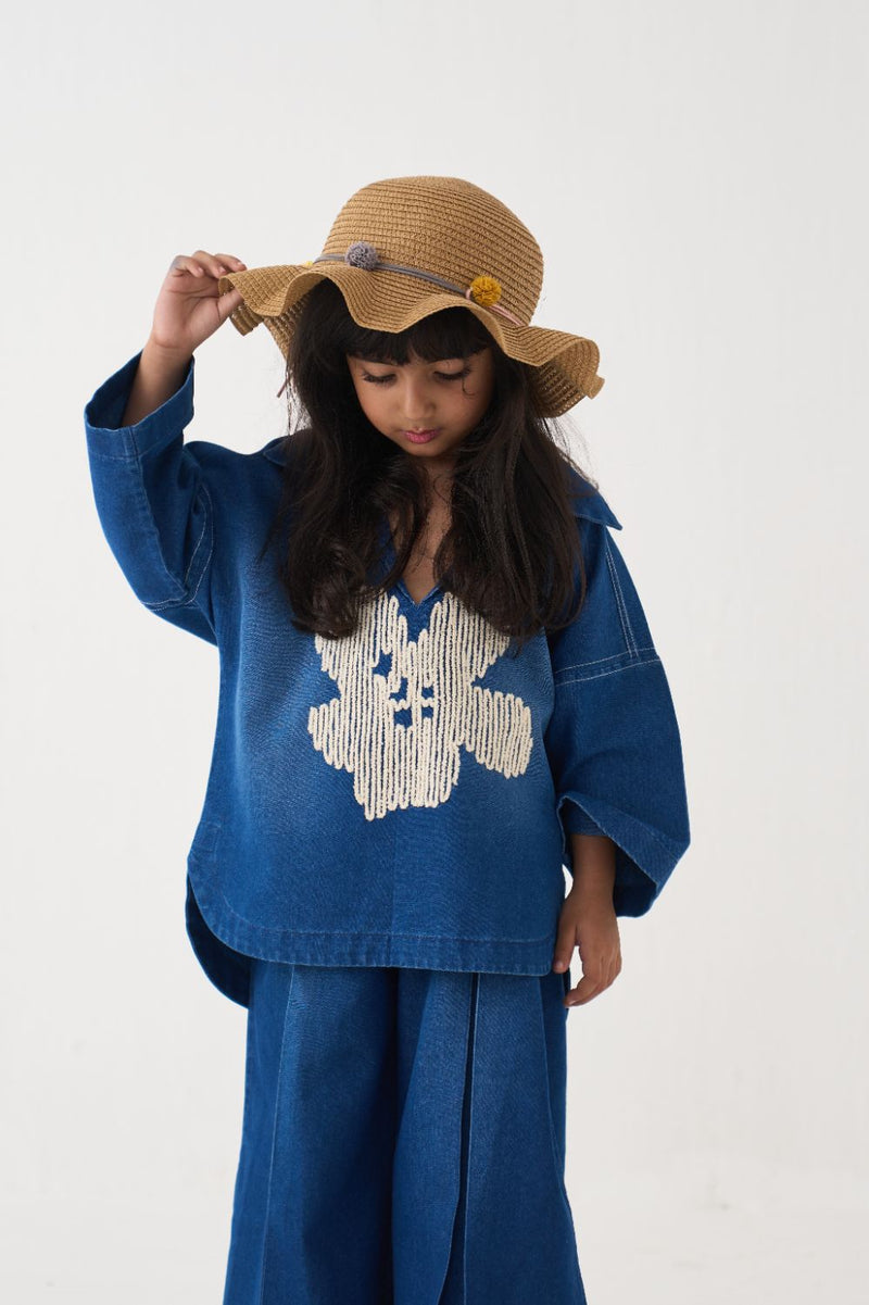 Girl - Floral Emb. V-Neck Top Co-Ord (Set Of 2) - Blue by THREE Kids in blue color for kids in Singapore