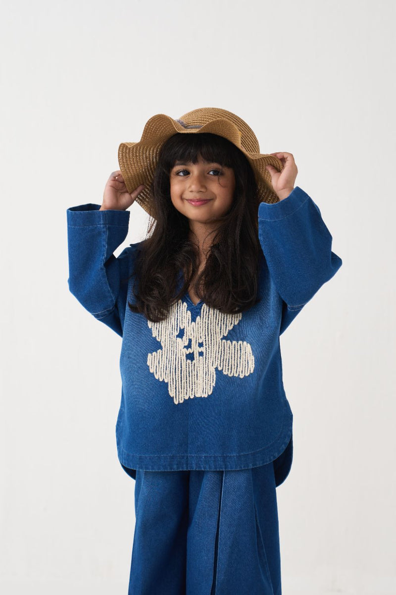 Girl - Floral Emb. V-Neck Top Co-Ord (Set Of 2) - Blue by THREE Kids in blue color for kids in Singapore