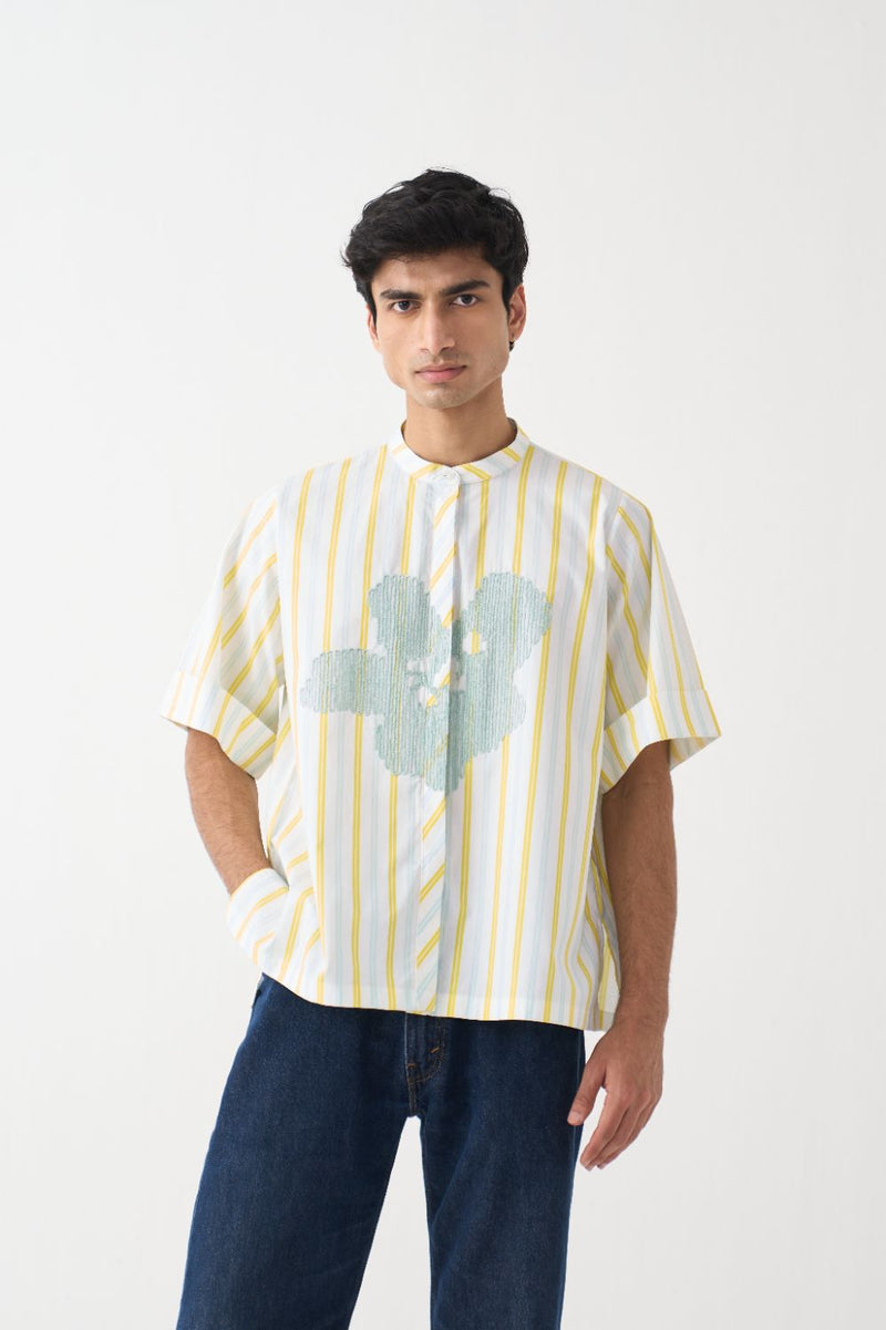 Floral Emb. Shirt - Yellow poplin by Three Men in blue color for men in Singapore