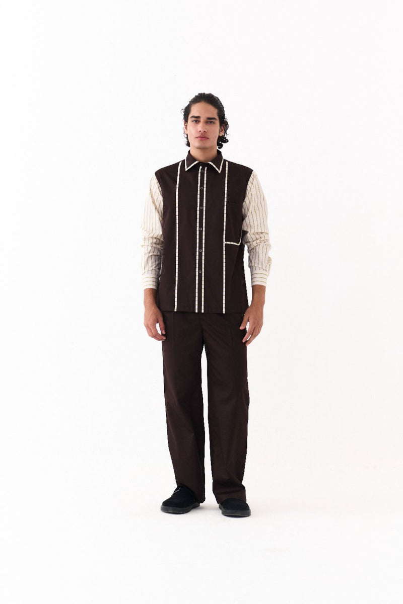 Piping Detail Shirt Co-Ord - Dark Brown poplin by Three Men in brown color for men in Singapore