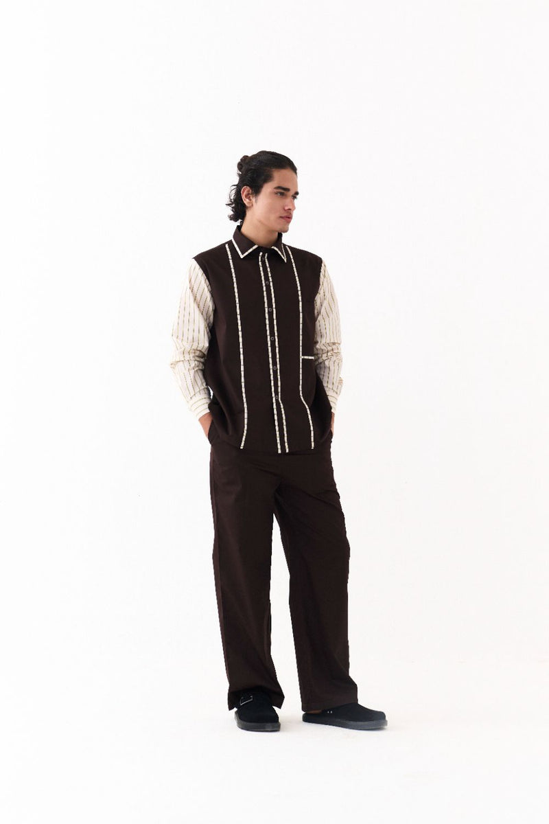 Piping Detail Shirt Co-Ord - Dark Brown poplin by Three Men in brown color for men in Singapore