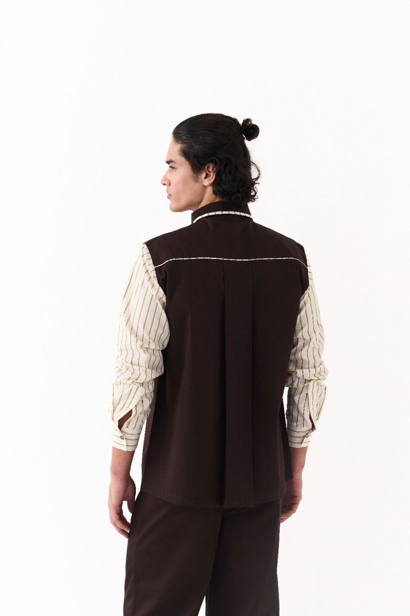 Piping Detail Shirt Co-Ord - Dark Brown poplin by Three Men in brown color for men in Singapore
