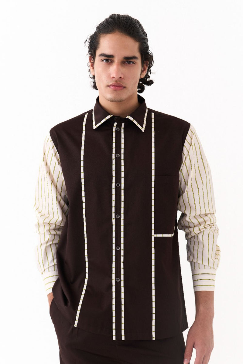 Piping Detail Shirt Co-Ord - Dark Brown poplin by Three Men in brown color for men in Singapore