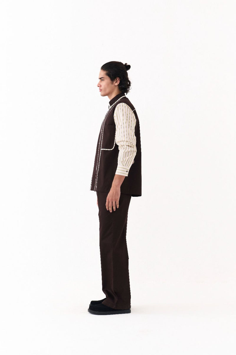 Piping Detail Shirt Co-Ord - Dark Brown poplin by Three Men in brown color for men in Singapore