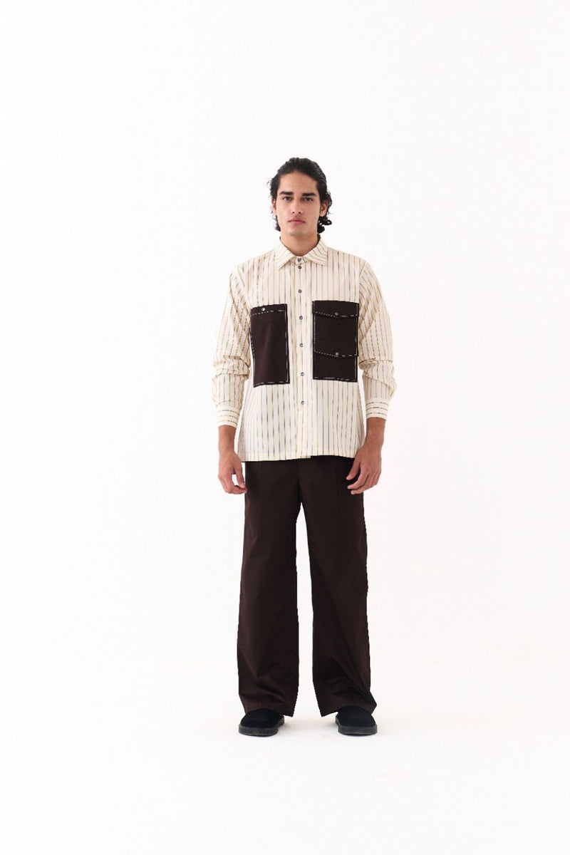 Double Patch Pocket Shirt Co-Ord - Dark Brown poplin by Three Men in brown color for men in Singapore