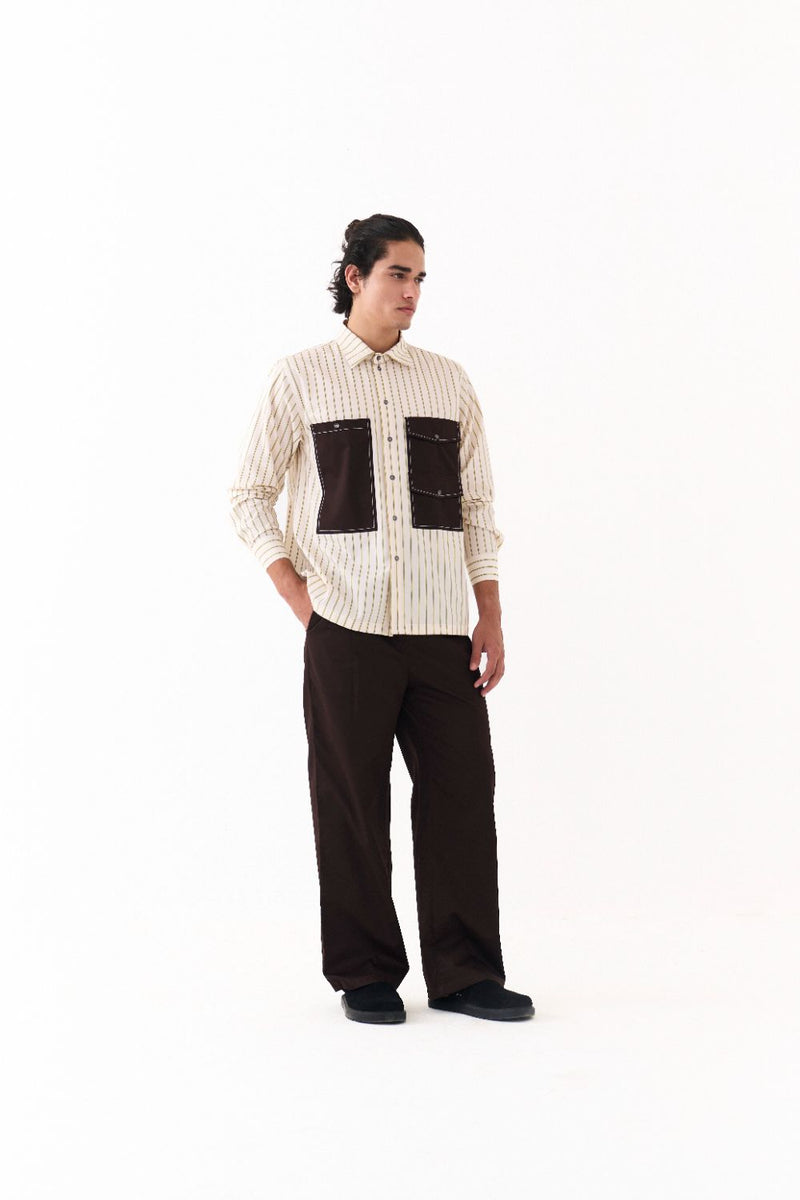 Double Patch Pocket Shirt Co-Ord - Dark Brown poplin by Three Men in brown color for men in Singapore