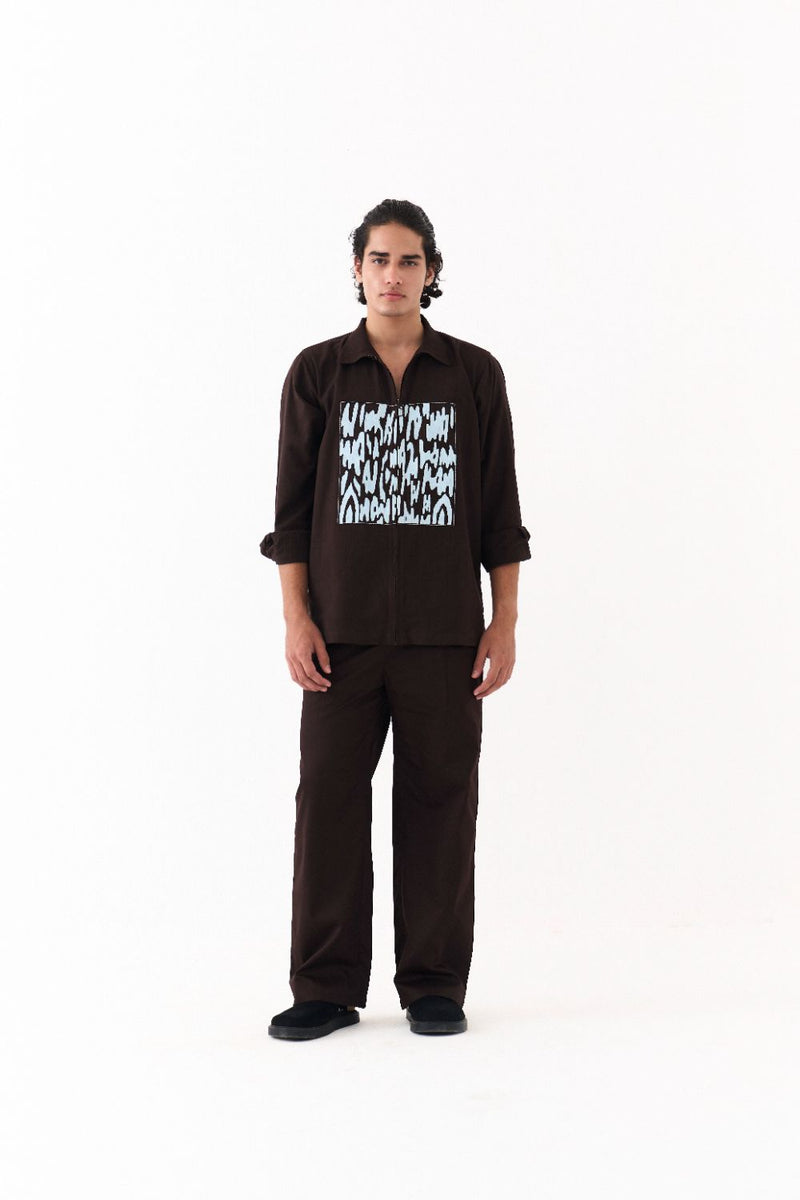 Emb. Patch Shacket Co-Ord - Dark Brown poplin by Three Men in brown color for men in Singapore