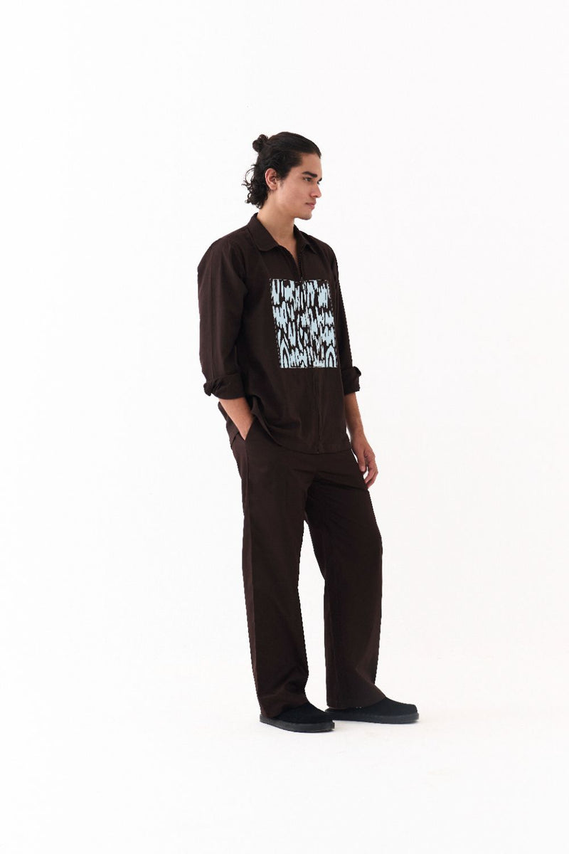 Emb. Patch Shacket Co-Ord - Dark Brown poplin by Three Men in brown color for men in Singapore