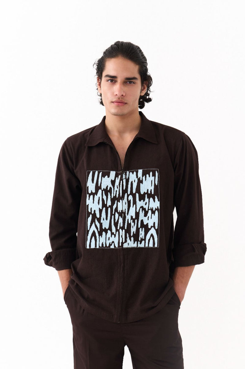 Emb. Patch Shacket - Dark Brown poplin by Three Men in brown color for men in Singapore